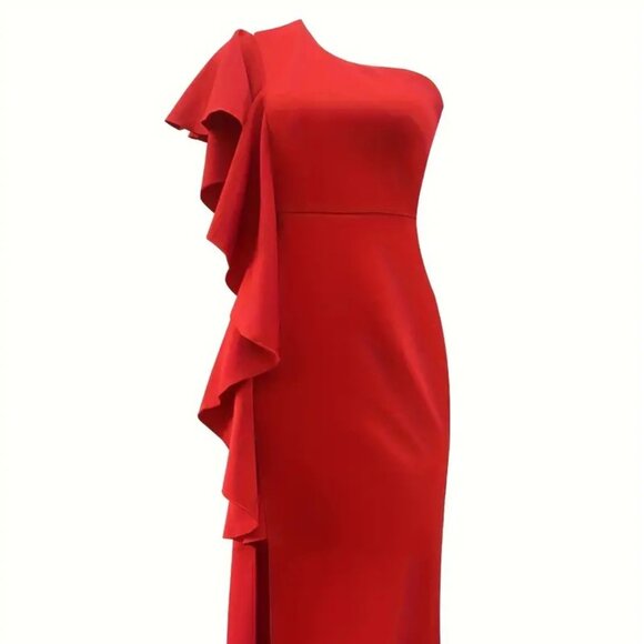 Elegant Split Hem Ruffle Trim One Shoulder Dress - Picture 4 of 6